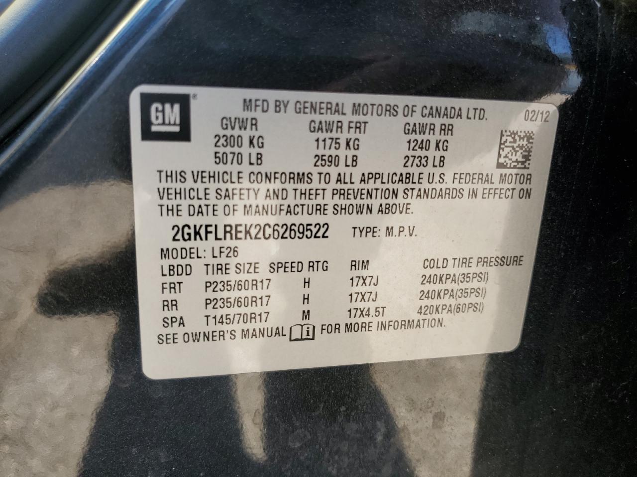 2012 GMC Terrain Sle VIN: 2GKFLREK2C6269522 Lot: 82004365