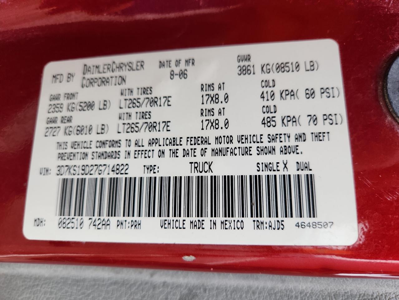 2007 Dodge Ram 1500 VIN: 3D7KS19D27G714822 Lot: 85185775