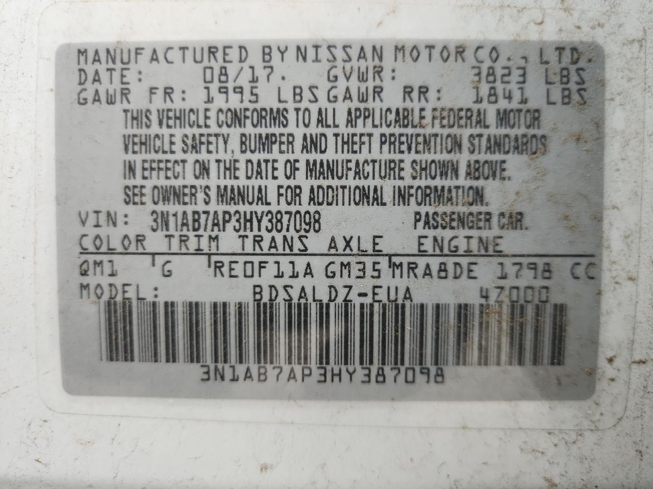 2017 Nissan Sentra S VIN: 3N1AB7AP3HY387098 Lot: 86496575