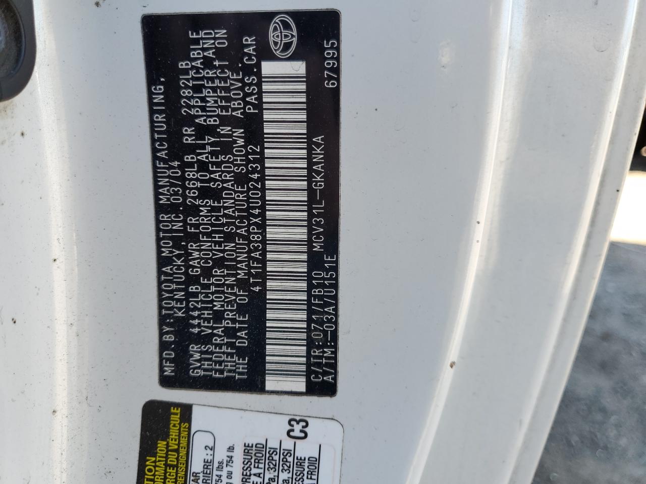 2004 Toyota Camry Solara Se VIN: 4T1FA38PX4U024312 Lot: 84778785