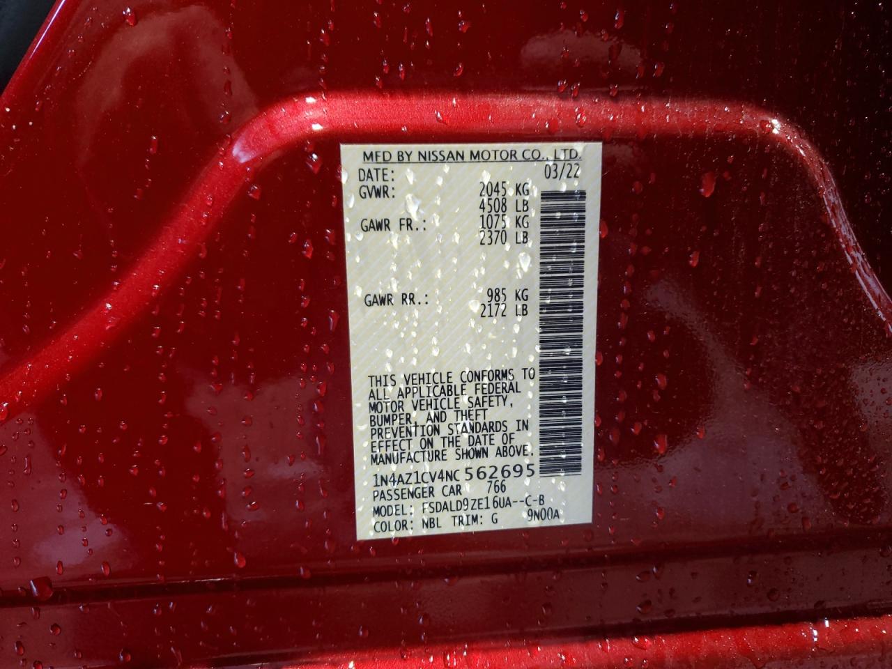 2022 Nissan Leaf Sv VIN: 1N4AZ1CV4NC562695 Lot: 90137705