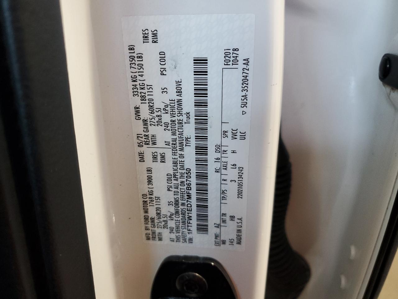 2021 Ford F150 Supercrew VIN: 1FTFW1ED7MFB67050 Lot: 84769375