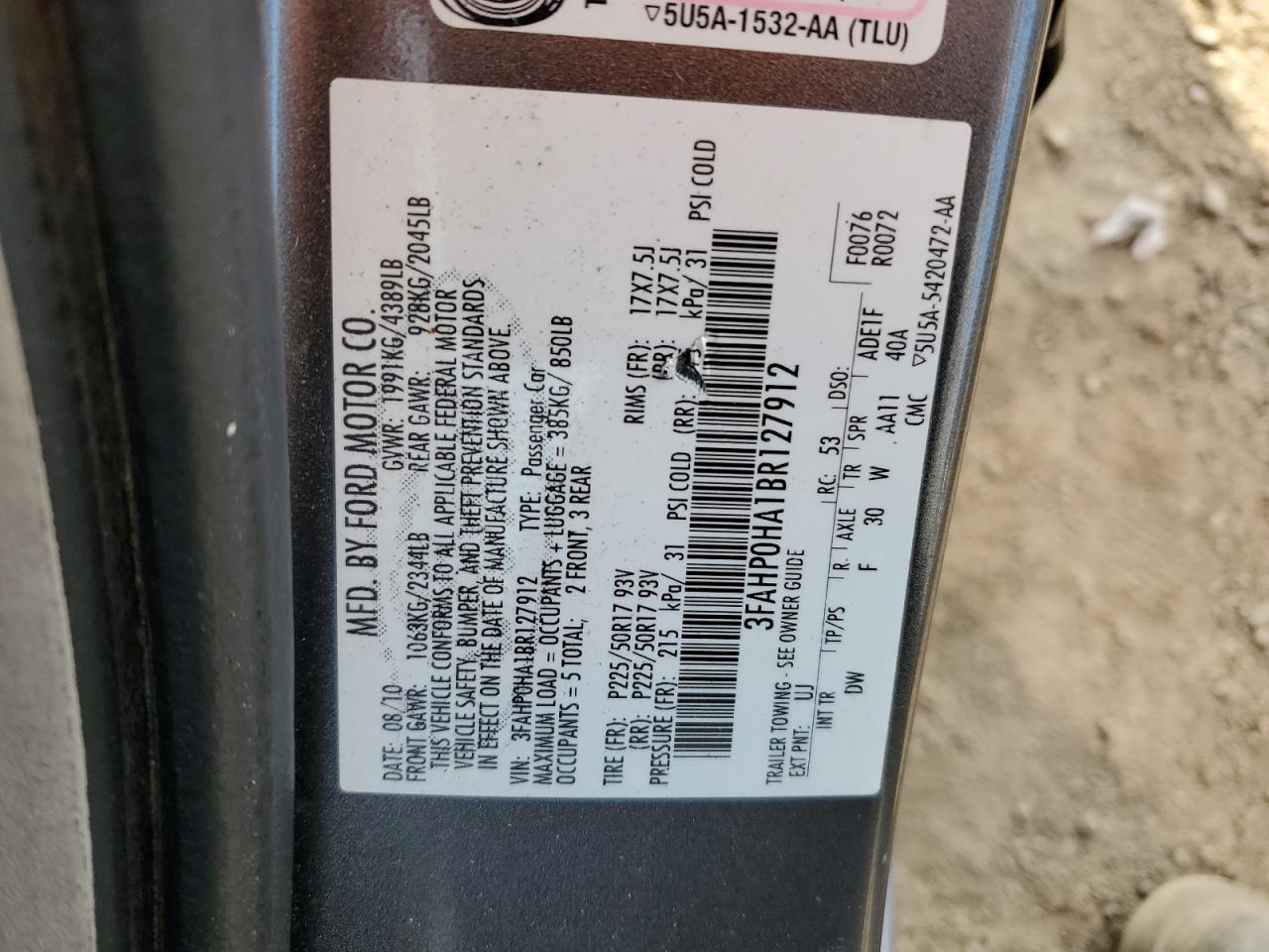 2011 Ford Fusion Se VIN: 3FAHP0HA1BR127912 Lot: 86093765