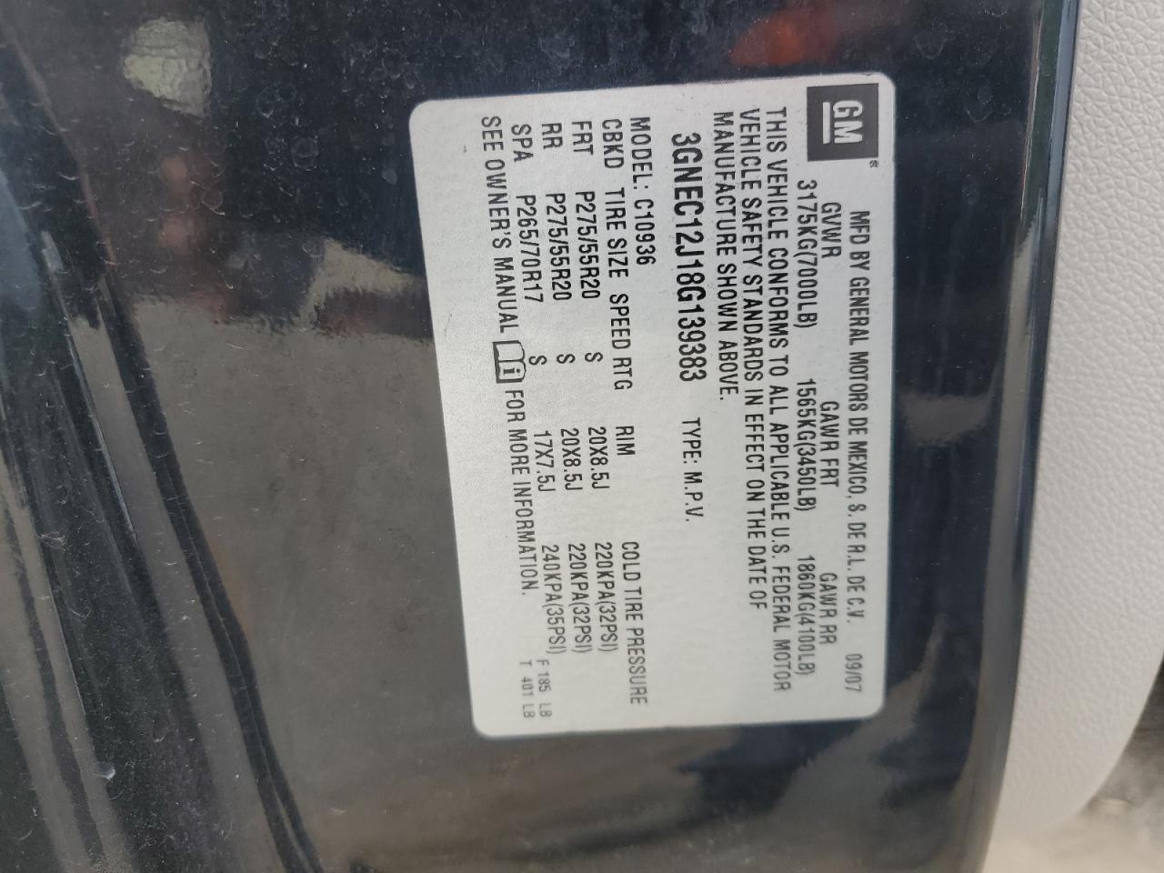 2008 Chevrolet Avalanche C1500 VIN: 3GNEC12J18G139383 Lot: 82388435
