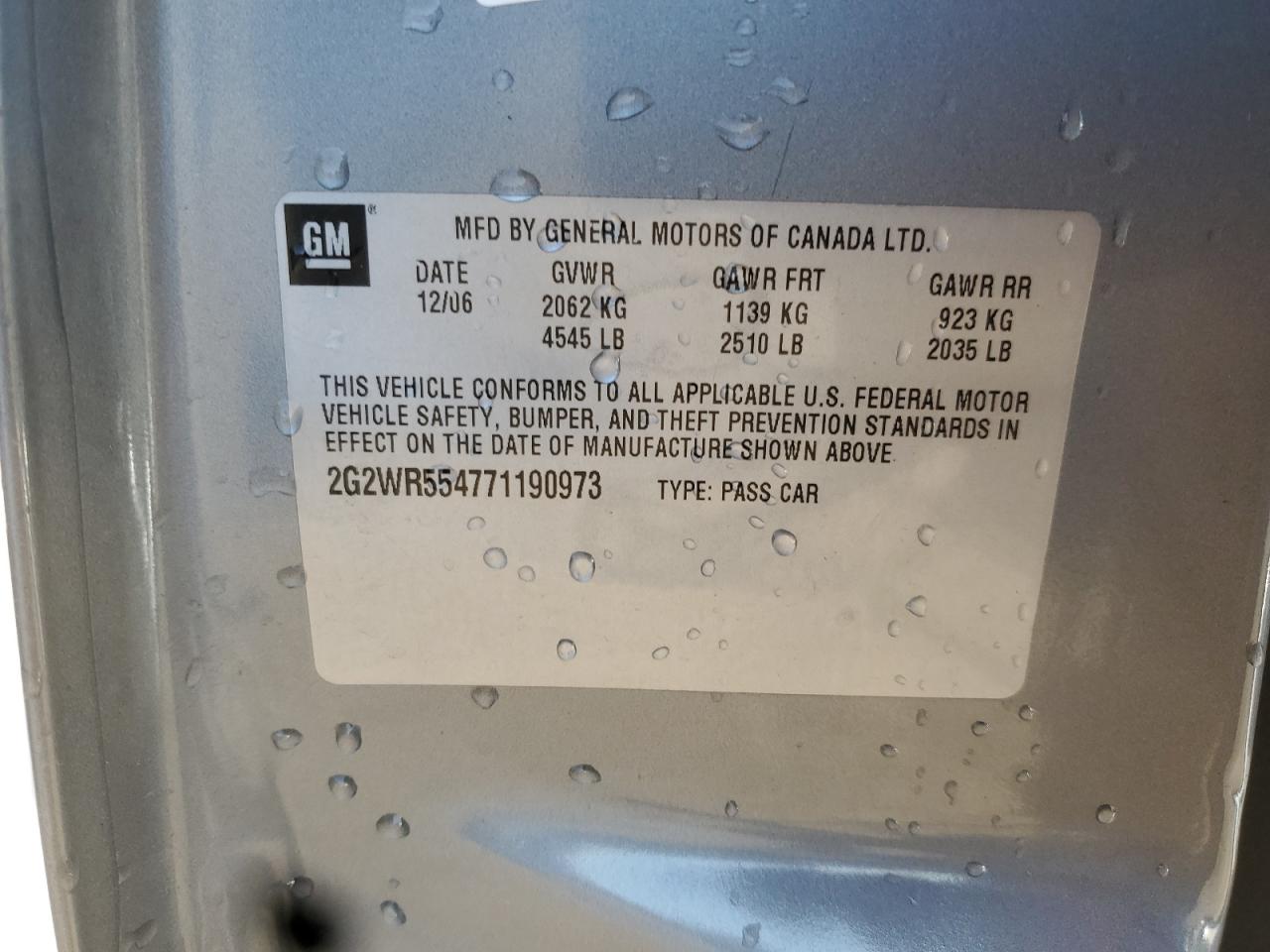 2007 Pontiac Grand Prix Gt VIN: 2G2WR554771190973 Lot: 90031555