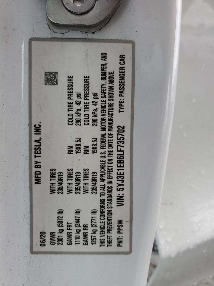 2020 Tesla Model 3 VIN: 5YJ3E1EB6LF735702 Lot: 86524175