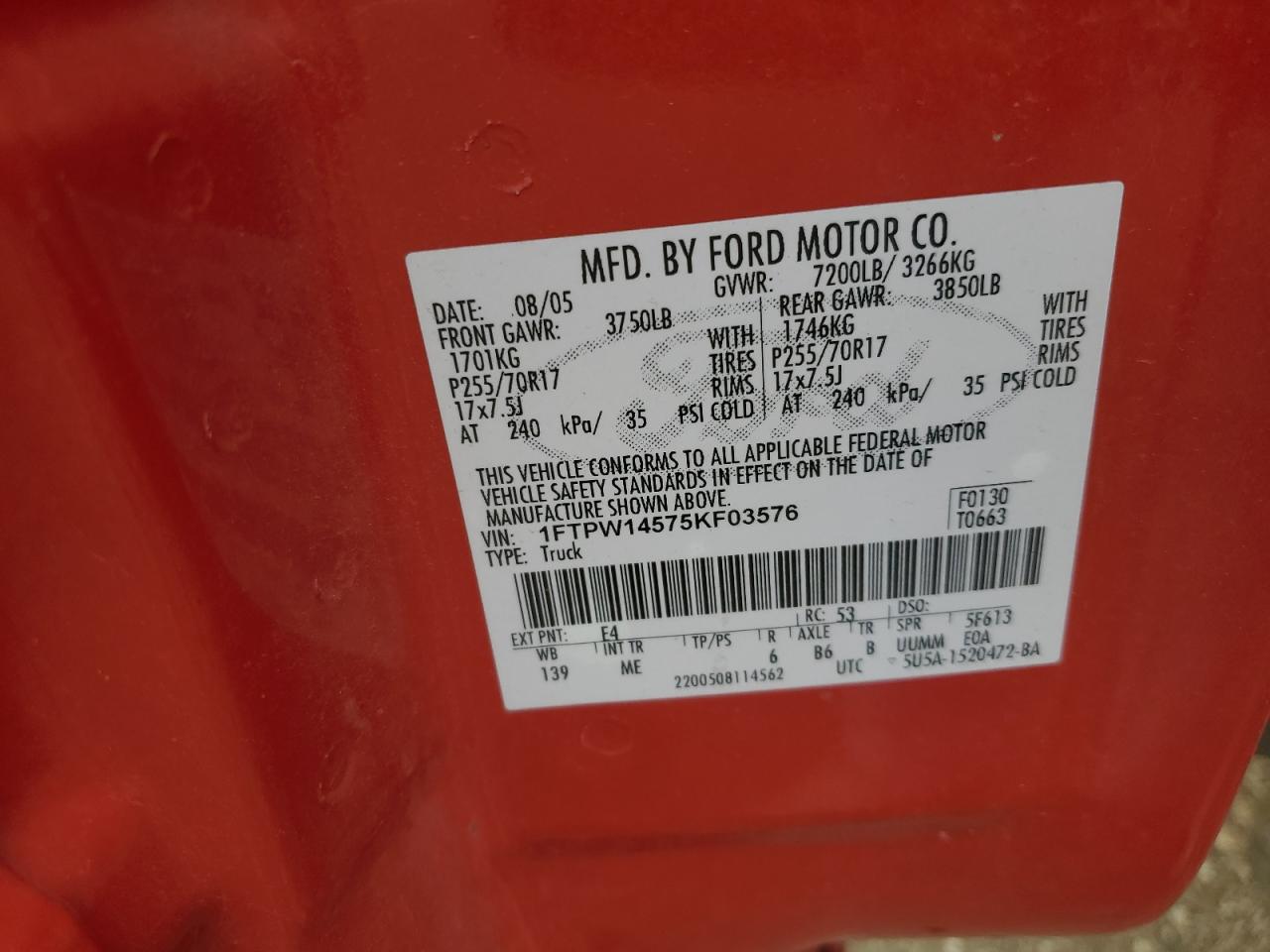 2005 Ford F150 Supercrew VIN: 1FTPW14575KF03576 Lot: 85322895