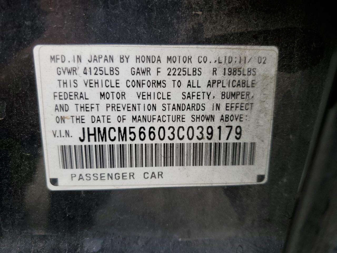 2003 Honda Accord Ex VIN: JHMCM56603C039179 Lot: 82003685