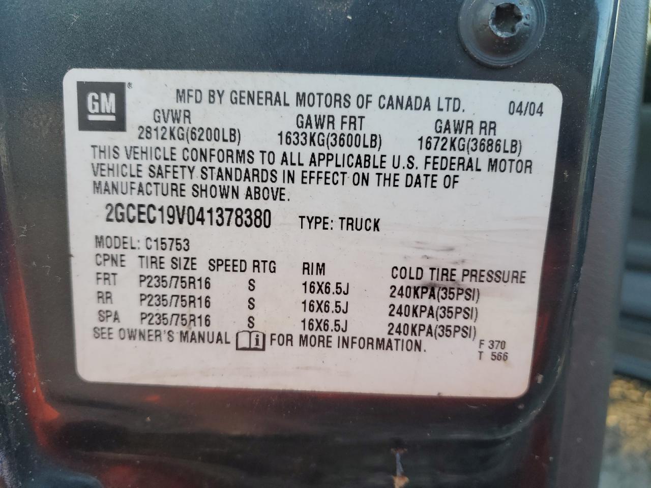 2004 Chevrolet Silverado C1500 VIN: 2GCEC19V041378380 Lot: 82410205