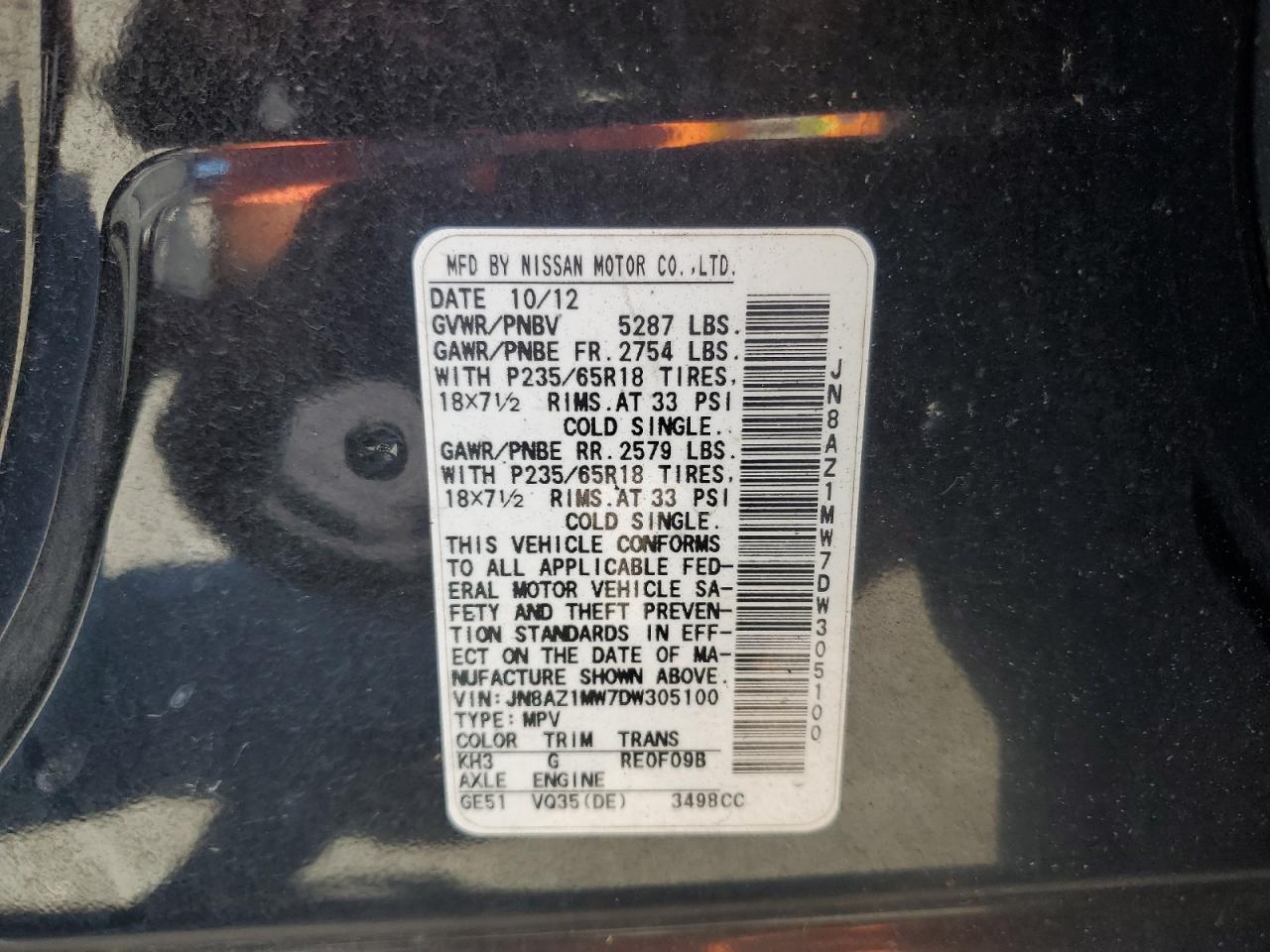 2013 Nissan Murano S VIN: JN8AZ1MW7DW305100 Lot: 86608695