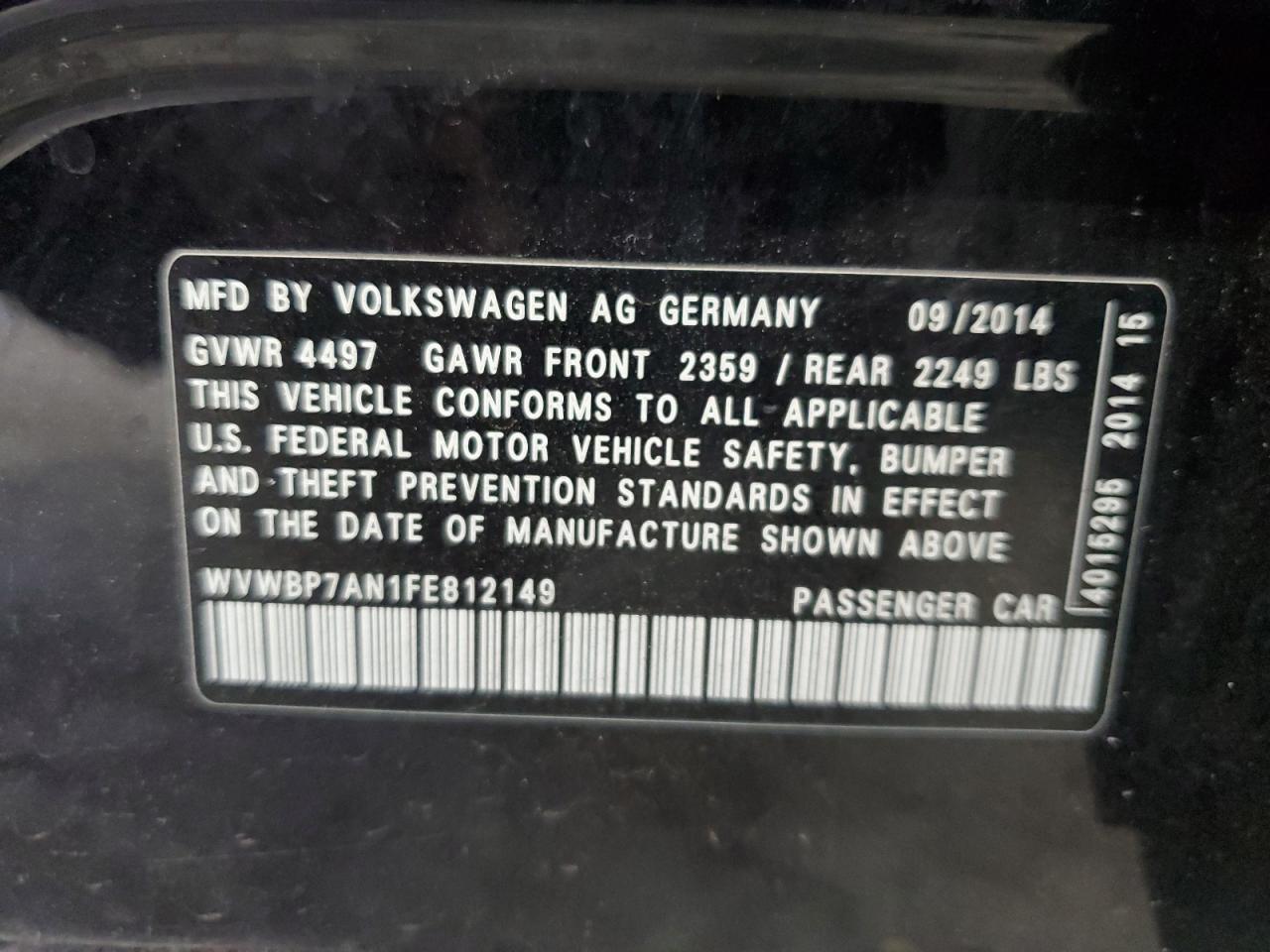 2015 Volkswagen Cc Sport VIN: WVWBP7AN1FE812149 Lot: 82371825