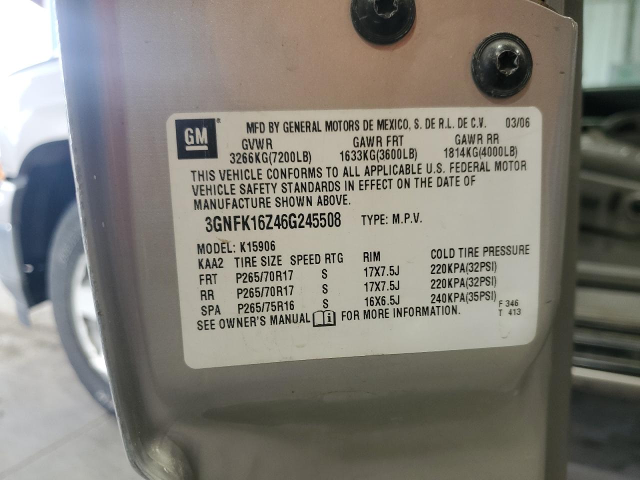 2006 Chevrolet Suburban K1500 VIN: 3GNFK16Z46G245508 Lot: 85291065