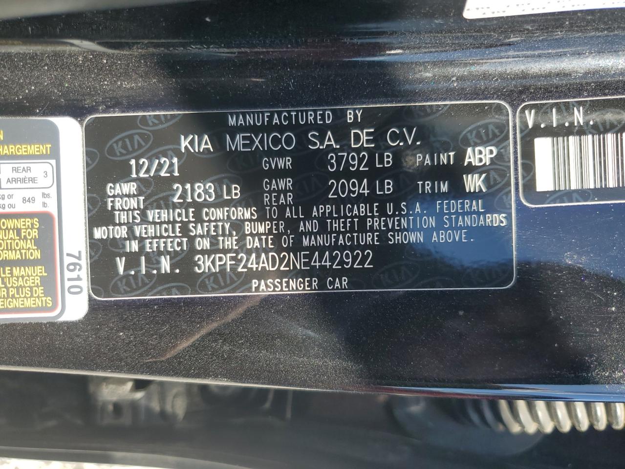 2022 Kia Forte Fe VIN: 3KPF24AD2NE442922 Lot: 86711825