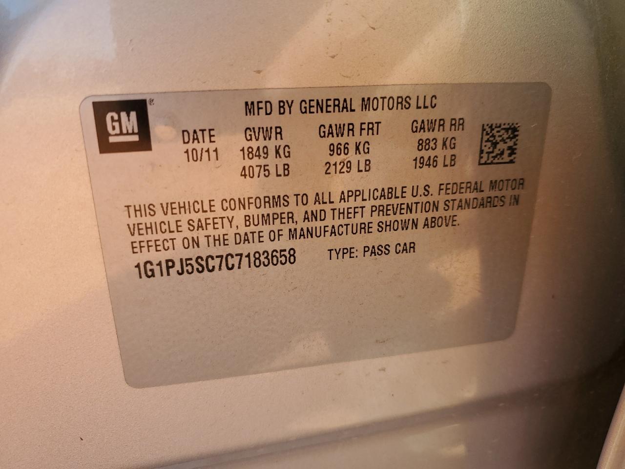 2012 Chevrolet Cruze Eco VIN: 1G1PJ5SC7C7183658 Lot: 82370985