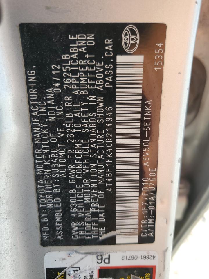 2012 Toyota Camry Base VIN: 4T4BF1FK4CR214946 Lot: 85532135