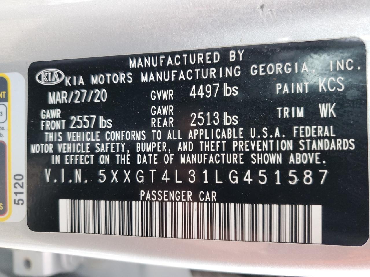 2020 Kia Optima Lx VIN: 5XXGT4L31LG451587 Lot: 90284315