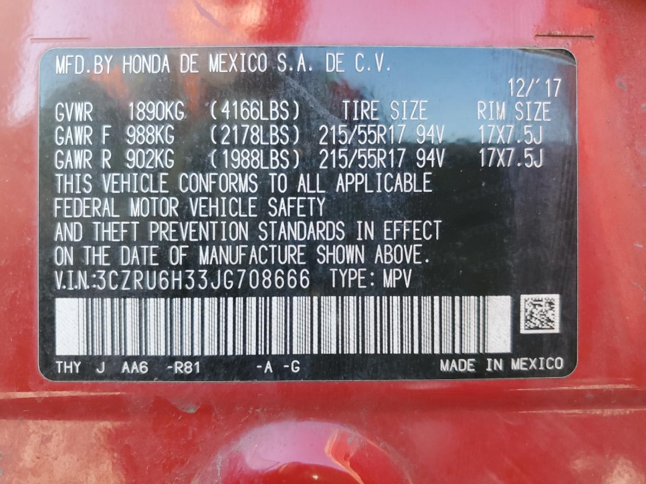 2018 Honda Hr-V Lx VIN: 3CZRU6H33JG708666 Lot: 84446875