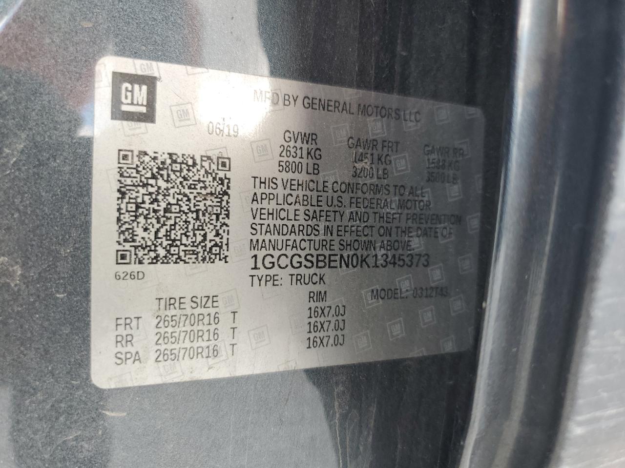 2019 Chevrolet Colorado VIN: 1GCGSBEN0K1345373 Lot: 86895595