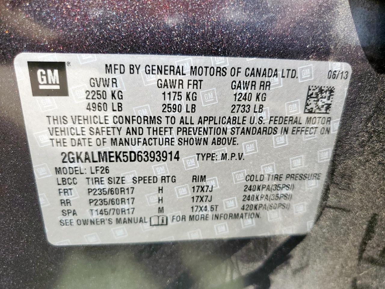 2013 GMC Terrain Sle VIN: 2GKALMEK5D6393914 Lot: 85334055