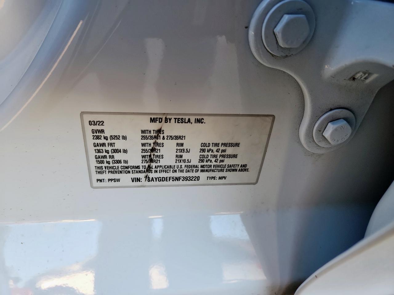 2022 Tesla Model Y VIN: 7SAYGDEF5NF393220 Lot: 90219035