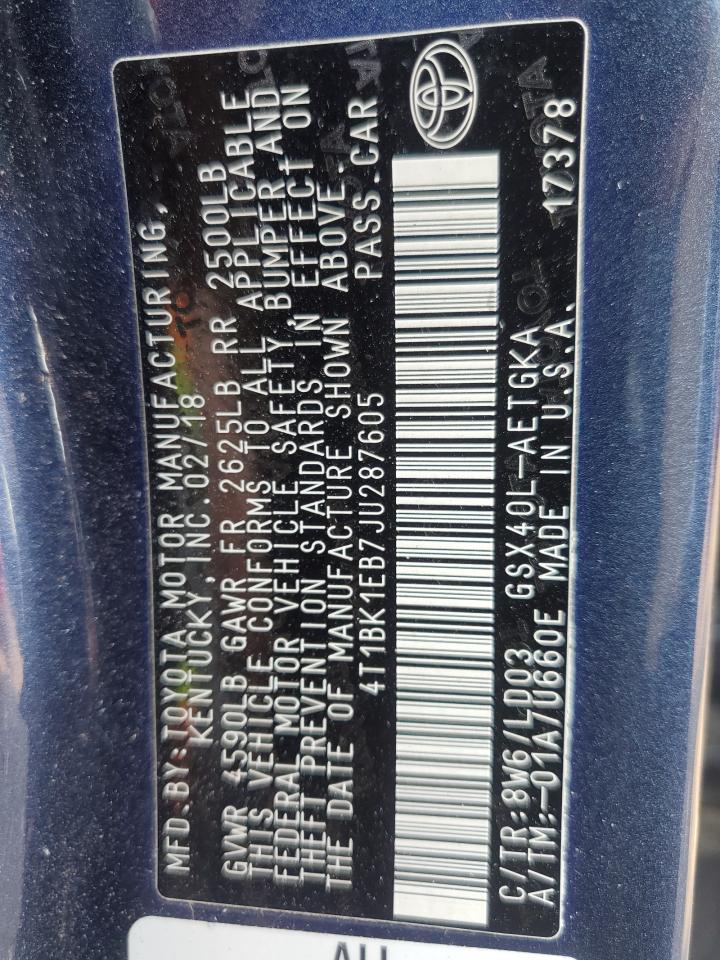 2018 Toyota Avalon Xle VIN: 4T1BK1EB7JU287605 Lot: 84881355