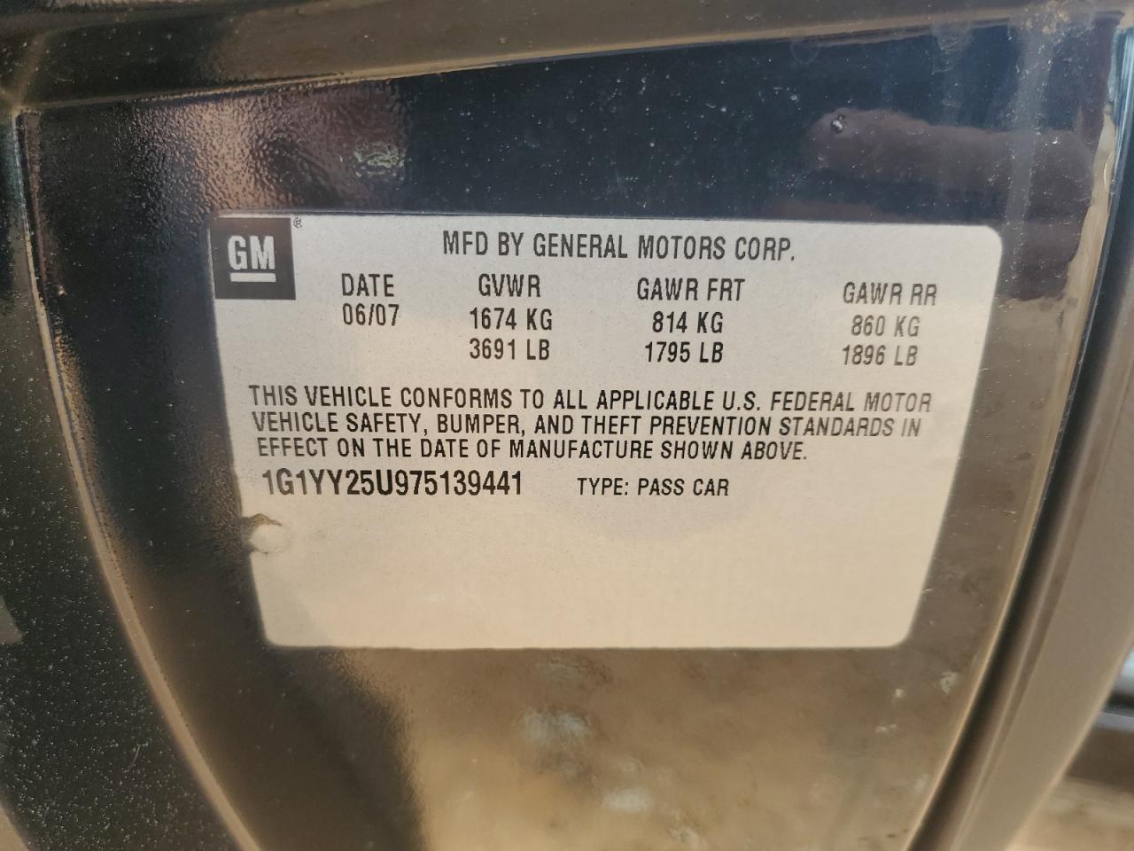 2007 Chevrolet Corvette VIN: 1G1YY25U975139441 Lot: 82286815