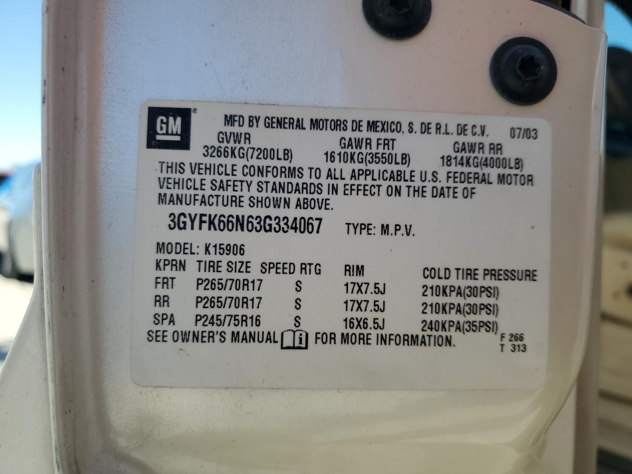 2003 Cadillac Escalade Esv VIN: 3GYFK66N63G334067 Lot: 87082775