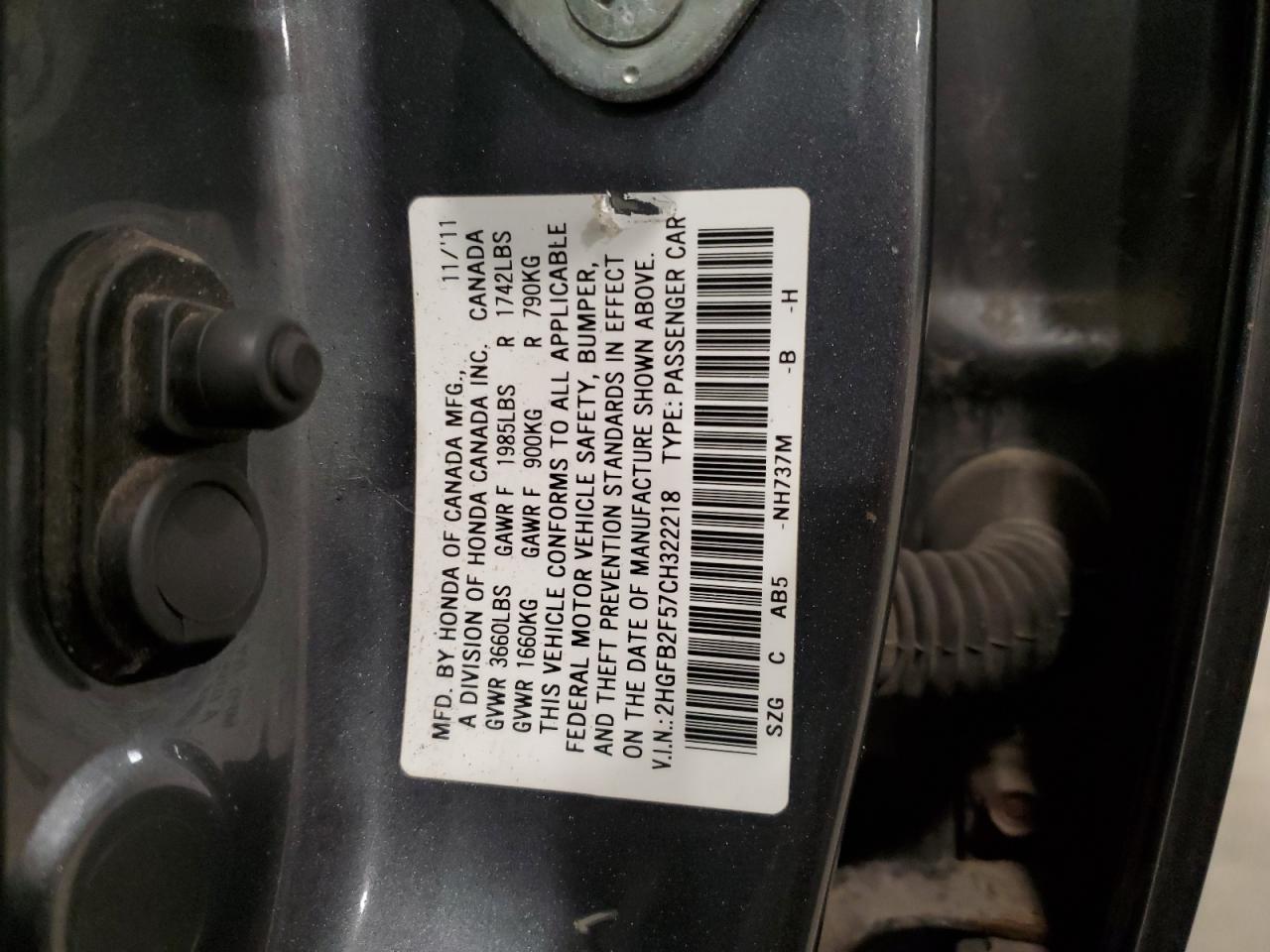 2012 Honda Civic Lx VIN: 2HGFB2F57CH322218 Lot: 85860355