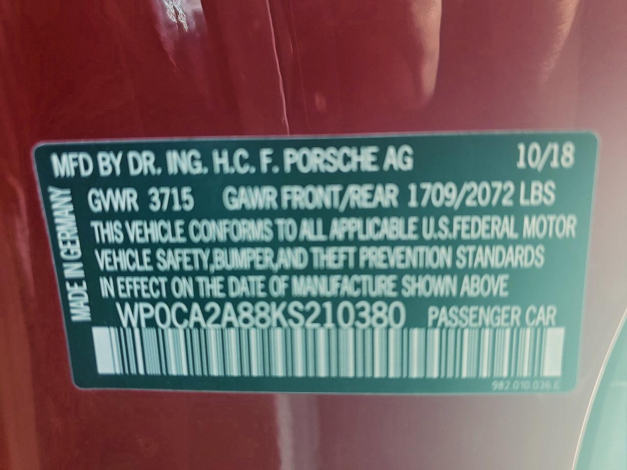2019 Porsche Boxster Base VIN: WP0CA2A88KS210380 Lot: 90730915