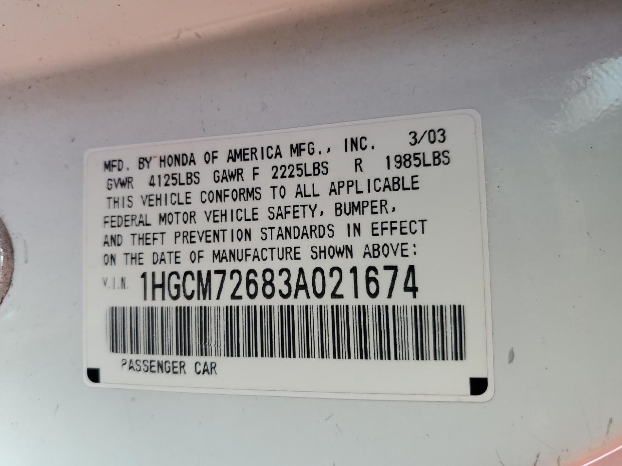 2003 Honda Accord Ex VIN: 1HGCM72683A021674 Lot: 86235675