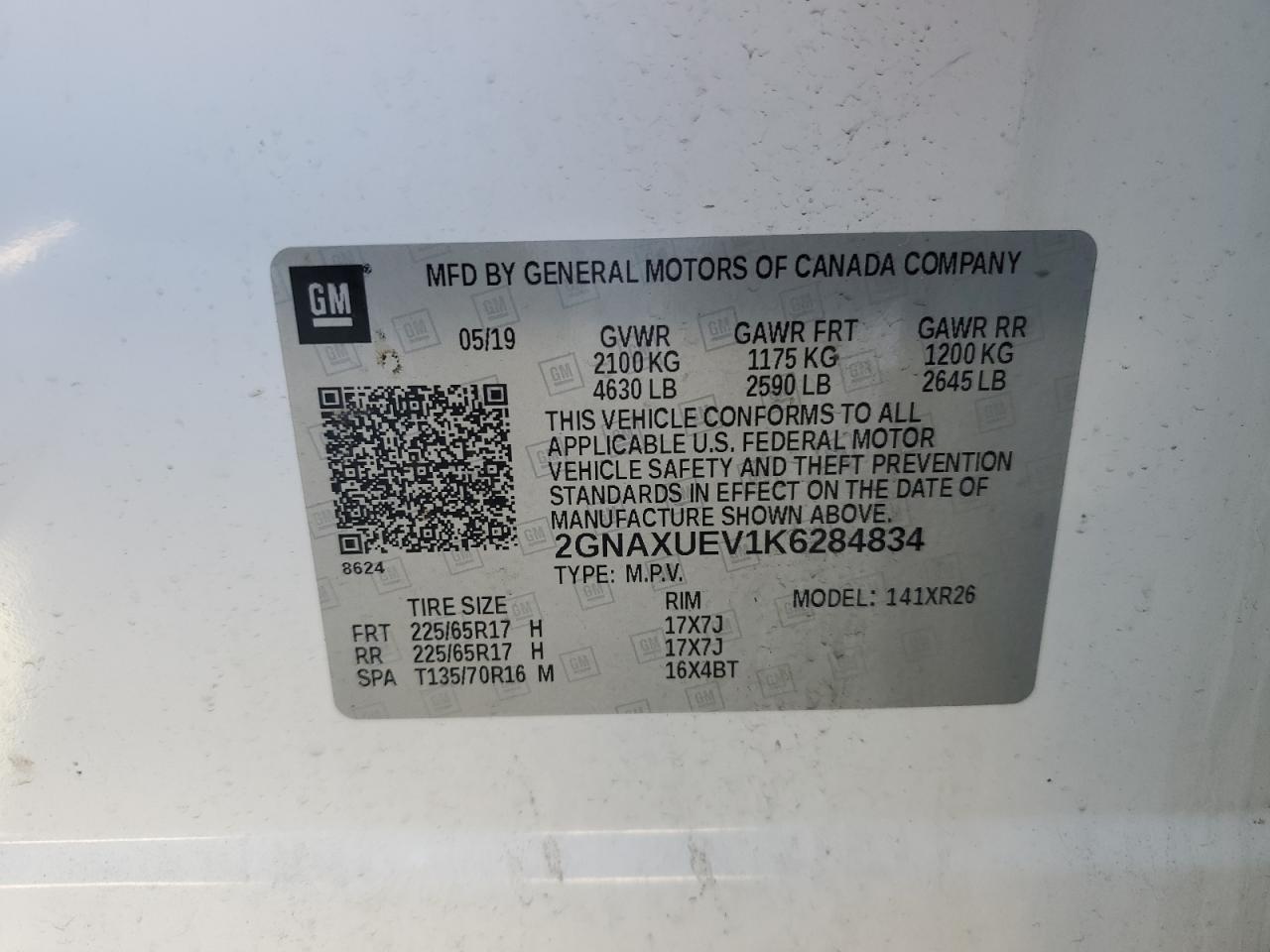 2019 Chevrolet Equinox Lt VIN: 2GNAXUEV1K6284834 Lot: 82562735