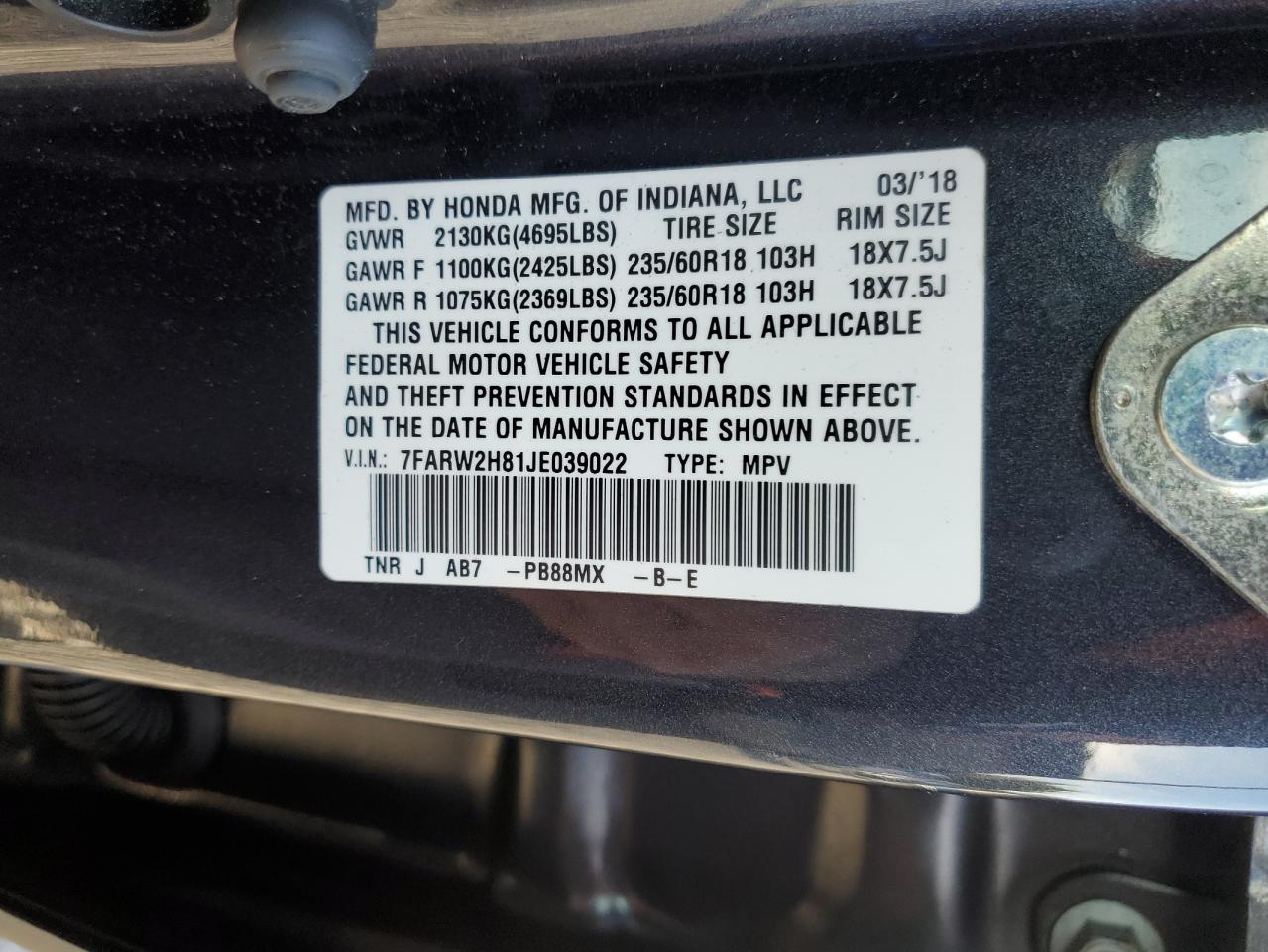 2018 Honda Cr-V Exl VIN: 7FARW2H81JE039022 Lot: 82153515