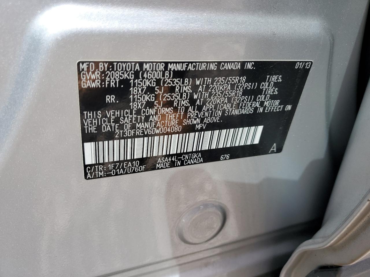 2013 Toyota Rav4 Limited VIN: 2T3DFREV6DW004080 Lot: 82316485