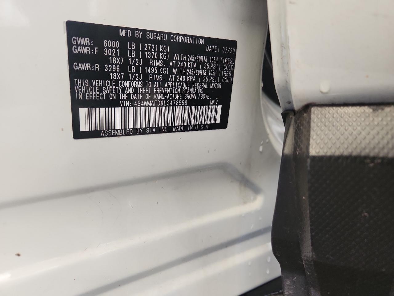 2020 Subaru Ascent Premium VIN: 4S4WMAFD9L3478558 Lot: 85742965