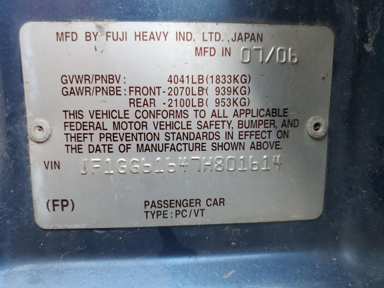 2007 Subaru Impreza 2.5I VIN: JF1GG61647H801614 Lot: 85894685