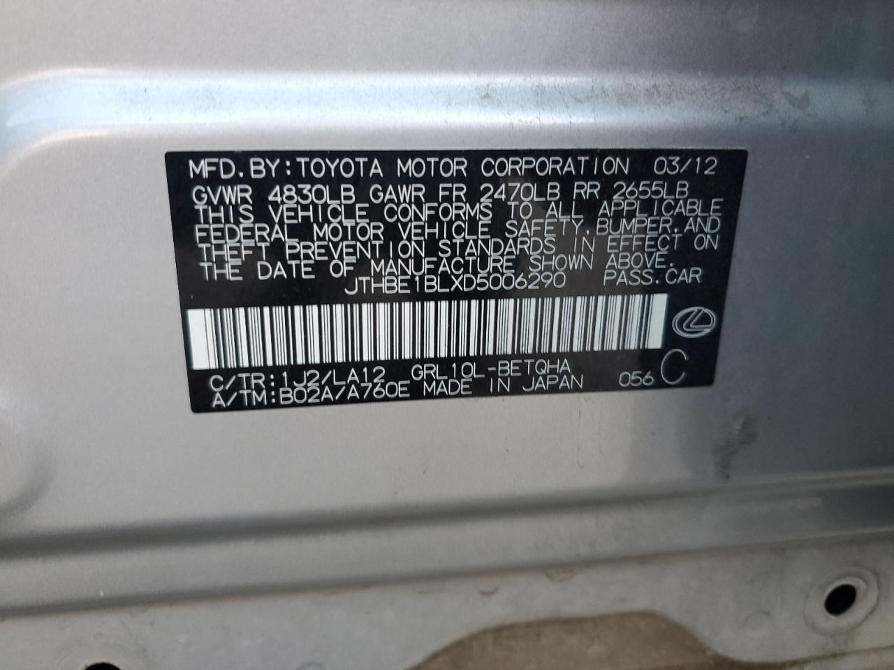 2013 Lexus Gs 350 VIN: JTHBE1BLXD5006290 Lot: 89472265