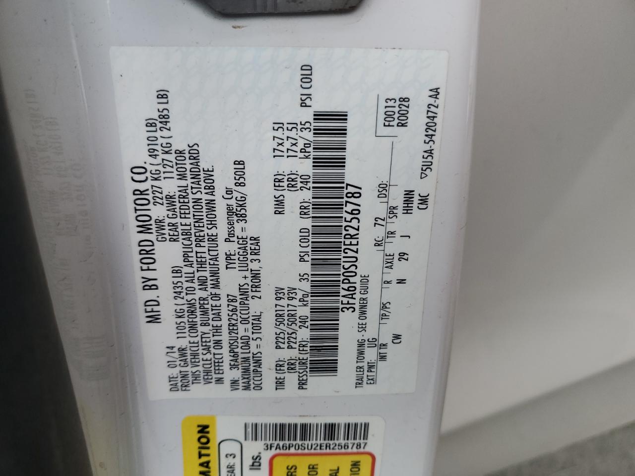 2014 Ford Fusion Titanium Phev VIN: 3FA6P0SU2ER256787 Lot: 81943955