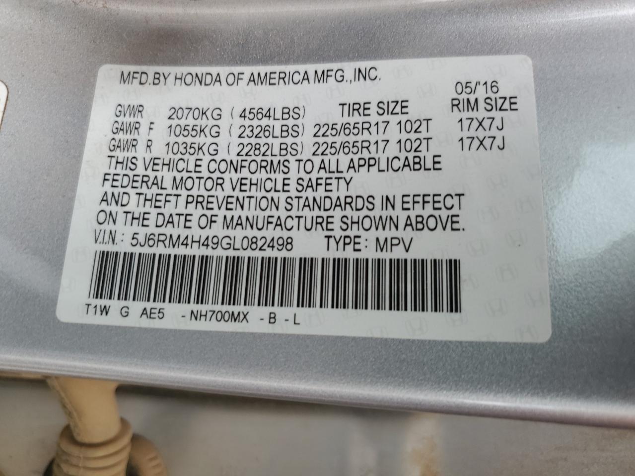 2016 Honda Cr-V Se VIN: 5J6RM4H49GL082498 Lot: 82446845