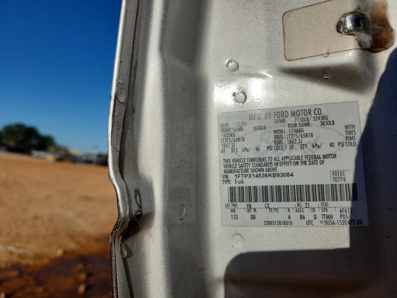 2006 Ford F150 VIN: 1FTPX14536KB93084 Lot: 86483875