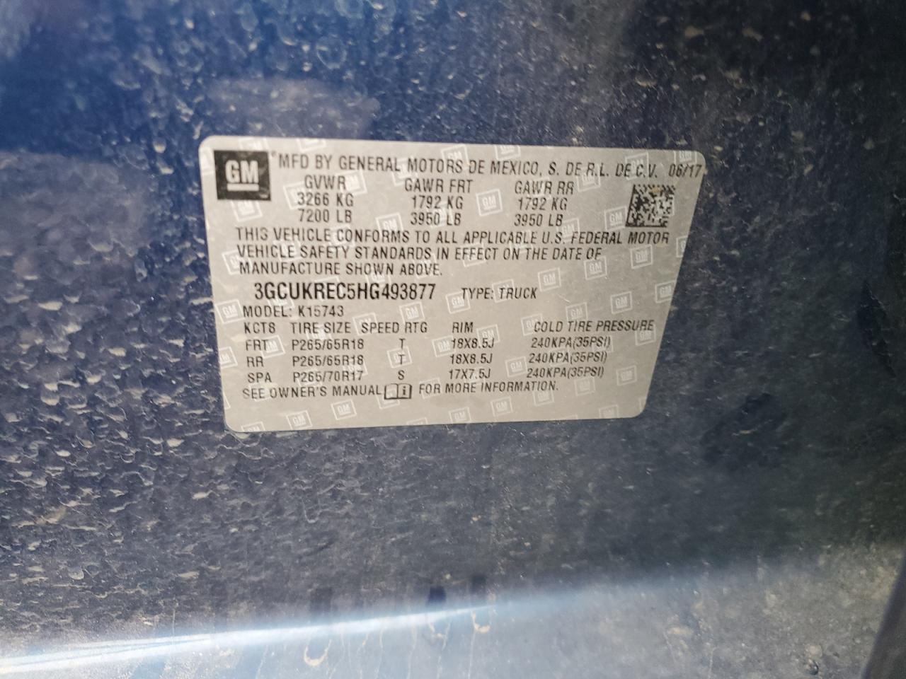 2017 Chevrolet Silverado K1500 Lt VIN: 3GCUKREC5HG493877 Lot: 85079825