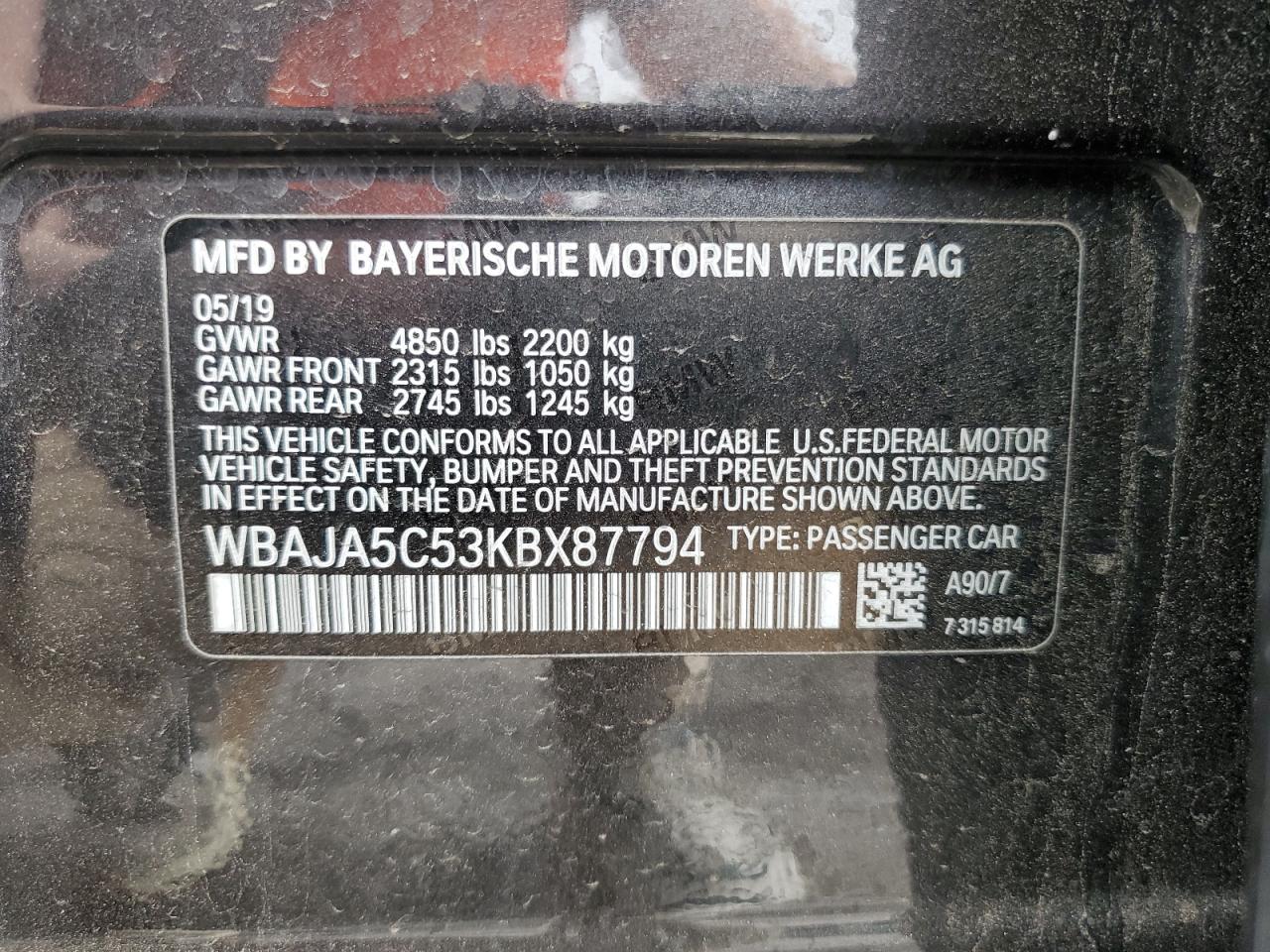 2019 BMW 530 I VIN: WBAJA5C53KBX87794 Lot: 85194225