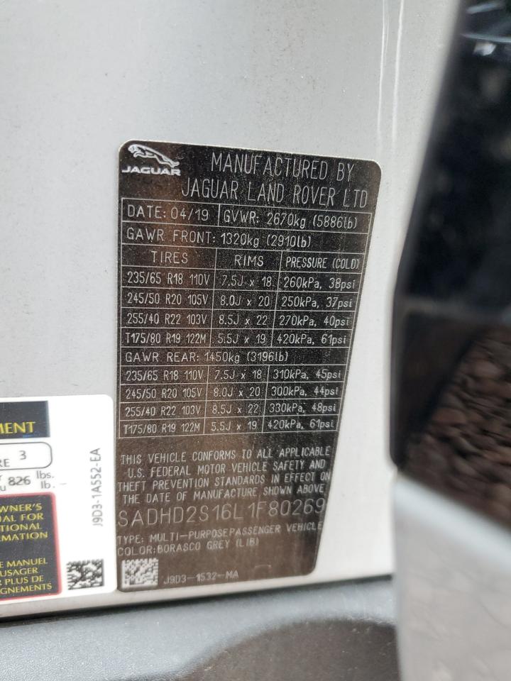 2020 Jaguar I-Pace Hse VIN: SADHD2S16L1F80269 Lot: 89655825