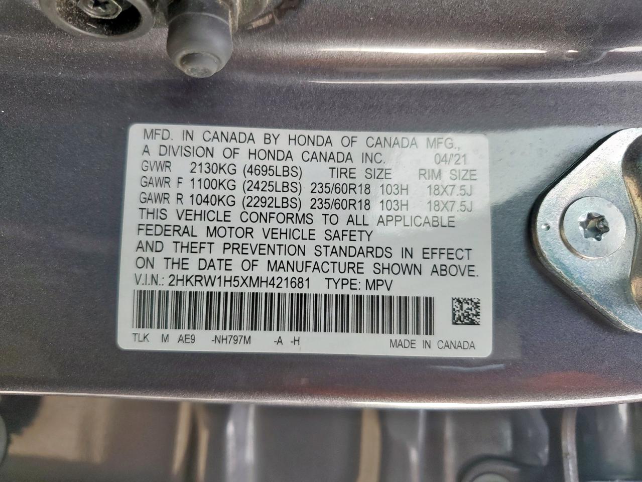 2021 Honda Cr-V Ex VIN: 2HKRW1H5XMH421681 Lot: 90273395