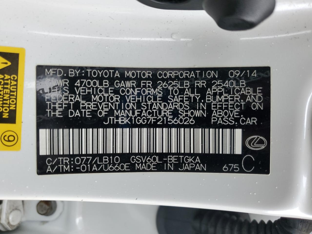 2015 Lexus Es 350 VIN: JTHBK1GG7F2156026 Lot: 90107695