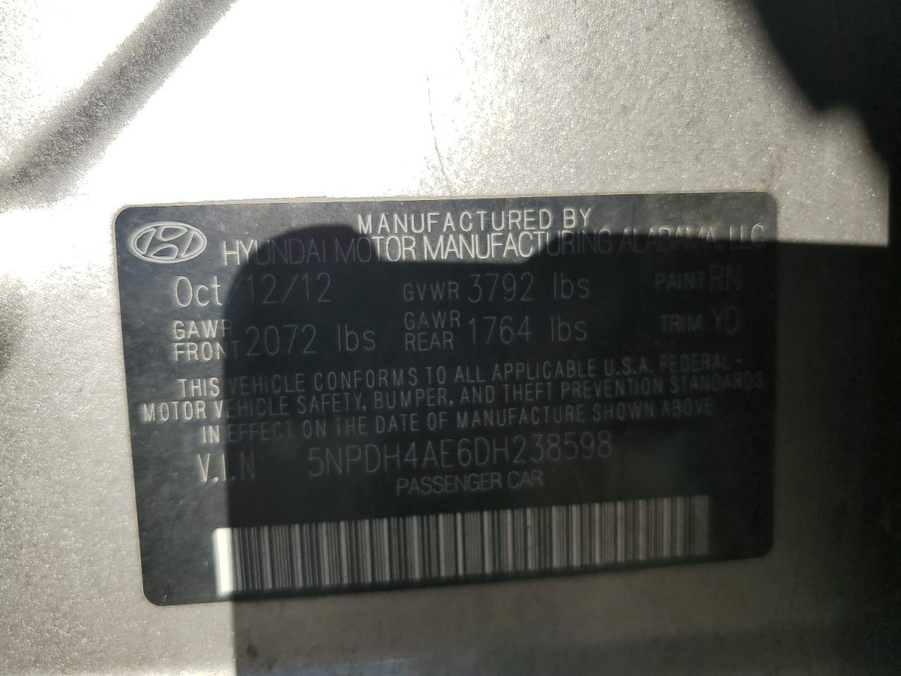 2013 Hyundai Elantra Gls VIN: 5NPDH4AE6DH238598 Lot: 86835015