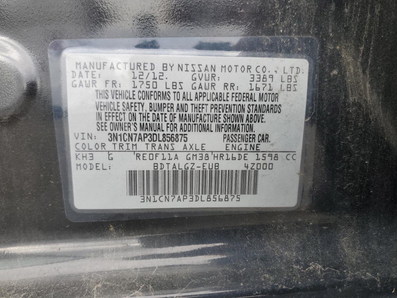 2013 Nissan Versa S VIN: 3N1CN7AP3DL856875 Lot: 82598095