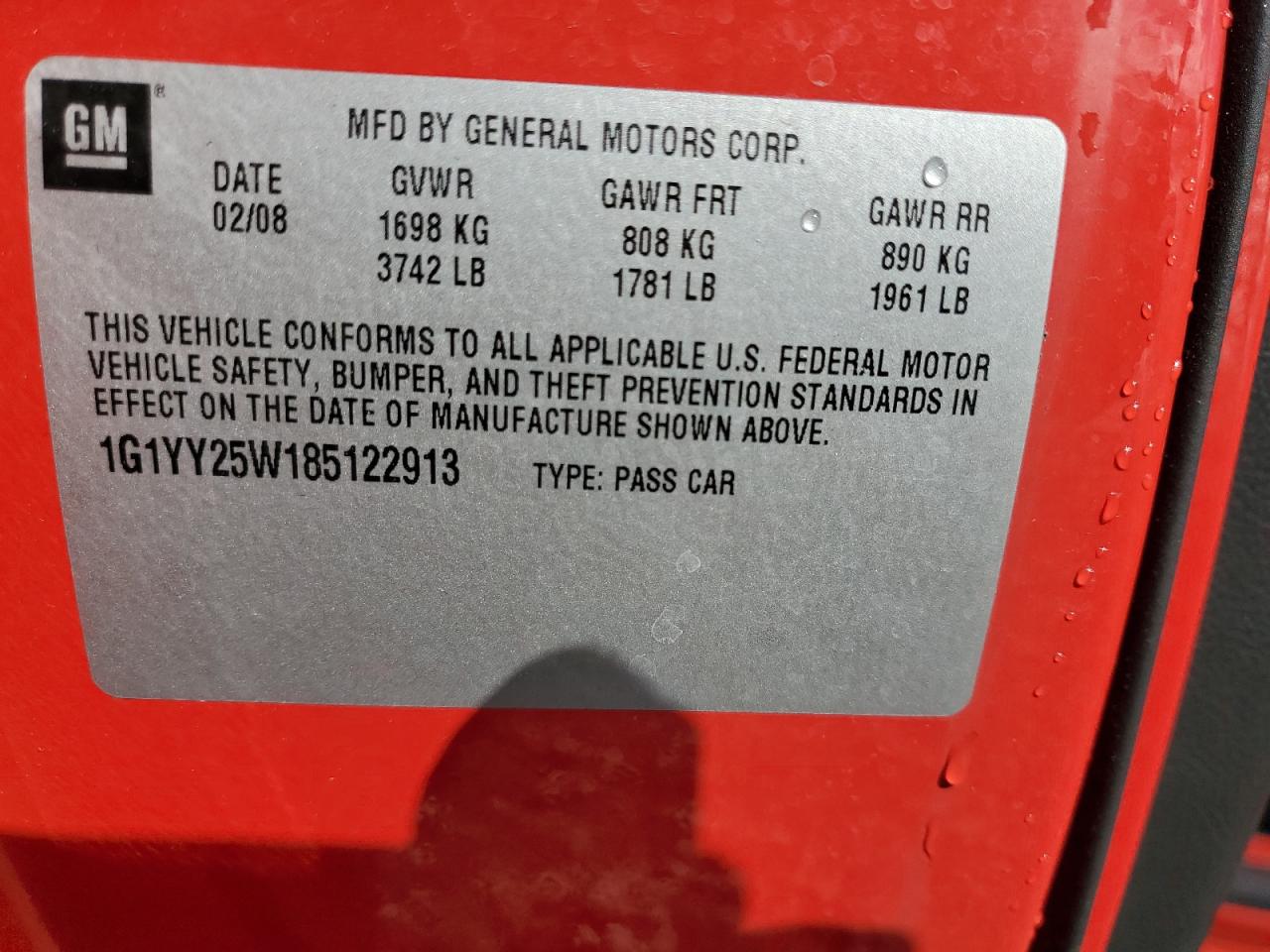 2008 Chevrolet Corvette VIN: 1G1YY25W185122913 Lot: 89694095