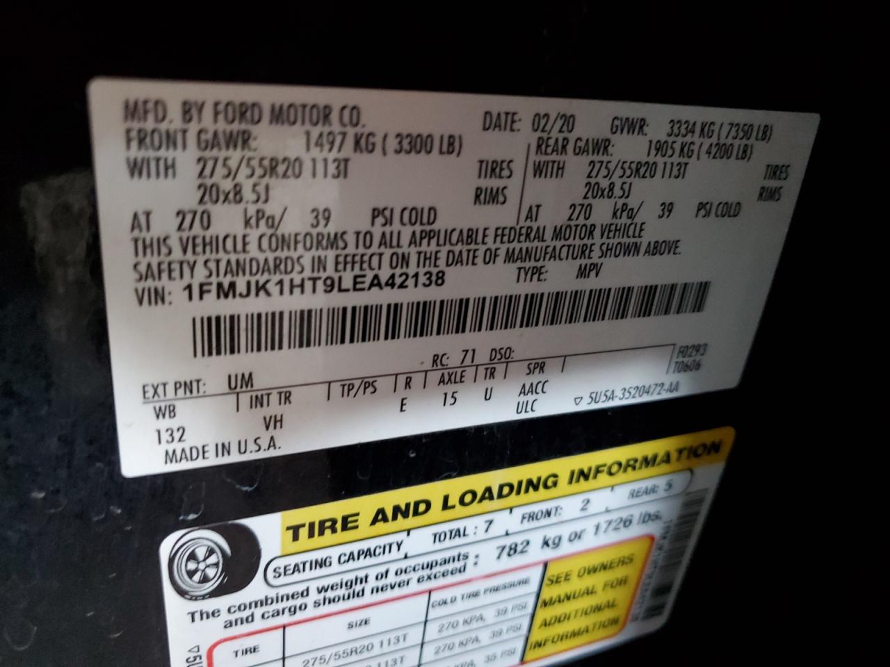 2020 Ford Expedition Max Xlt VIN: 1FMJK1HT9LEA42138 Lot: 89603975