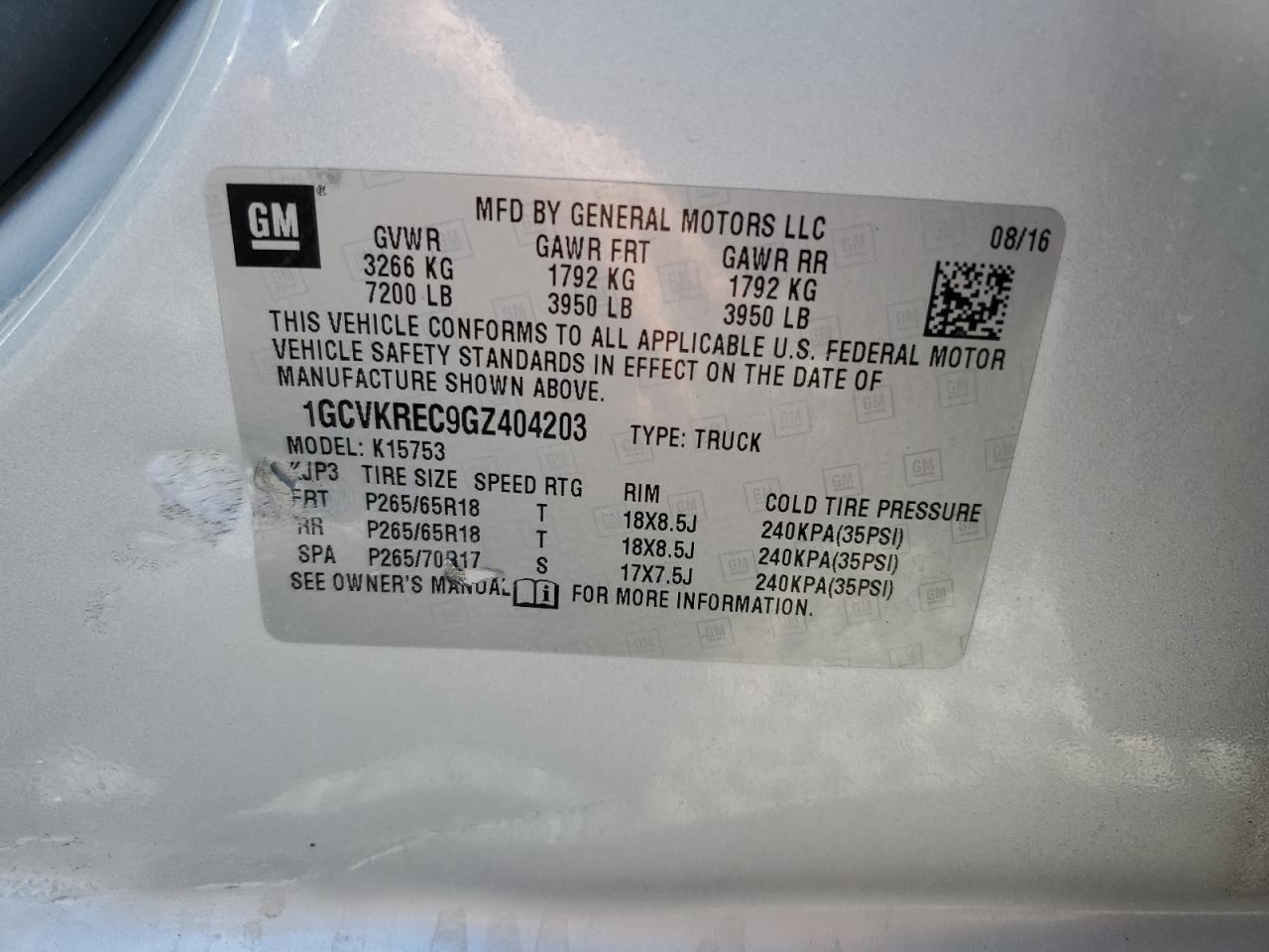 2016 Chevrolet Silverado K1500 Lt VIN: 1GCVKREC9GZ404203 Lot: 85497655