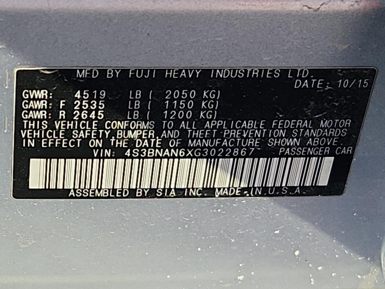 2016 Subaru Legacy 2.5I Limited VIN: 4S3BNAN6XG3022867 Lot: 84998025